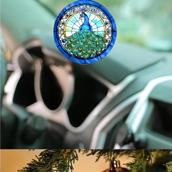 Peacock Feather “Welcome” Faux Stained Glass 2D Acrylic Pendant Ornament - Picture 4 of 5